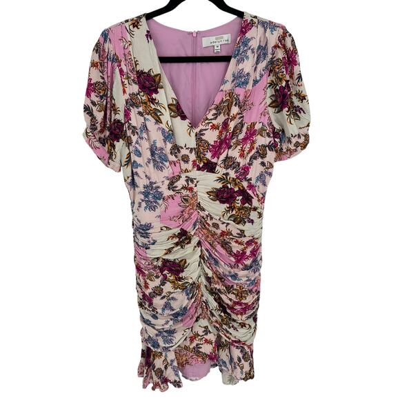 Adelyn Rae Abbie Satin Mini Dress White Pink Floral Ruffled Ruched Feminine M - Picture 3 of 9
